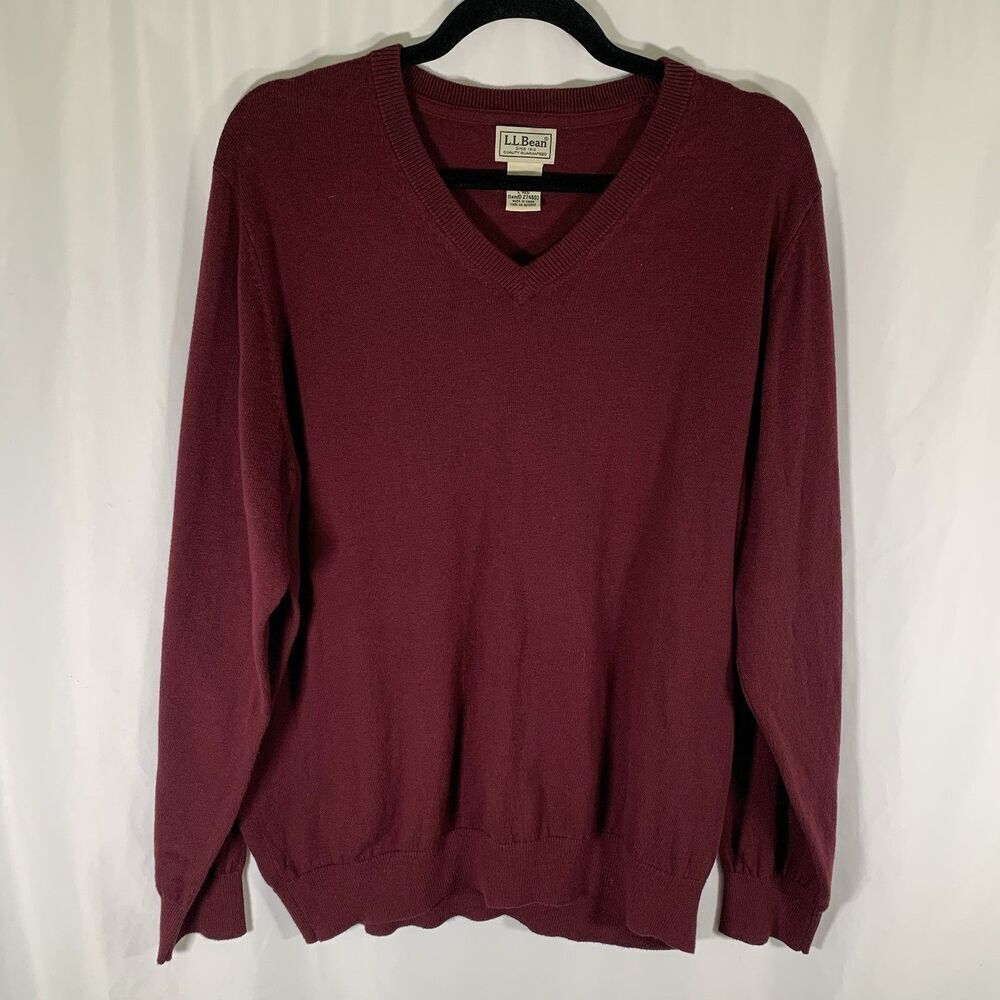 LL Bean Cashmere Blend Sweater Men's Large Red Knit Vneck Long Sleeve Pullover